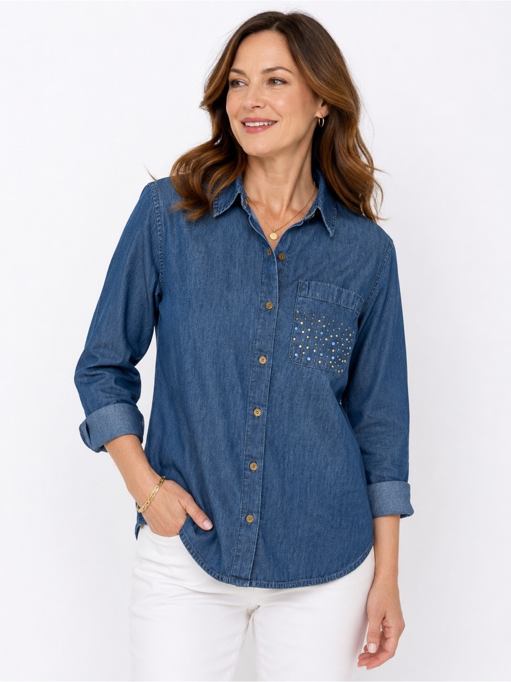 Gloria Vanderbilt Larissa Button-Down Denim Shirt Studded Pocket 
Size Small NWT